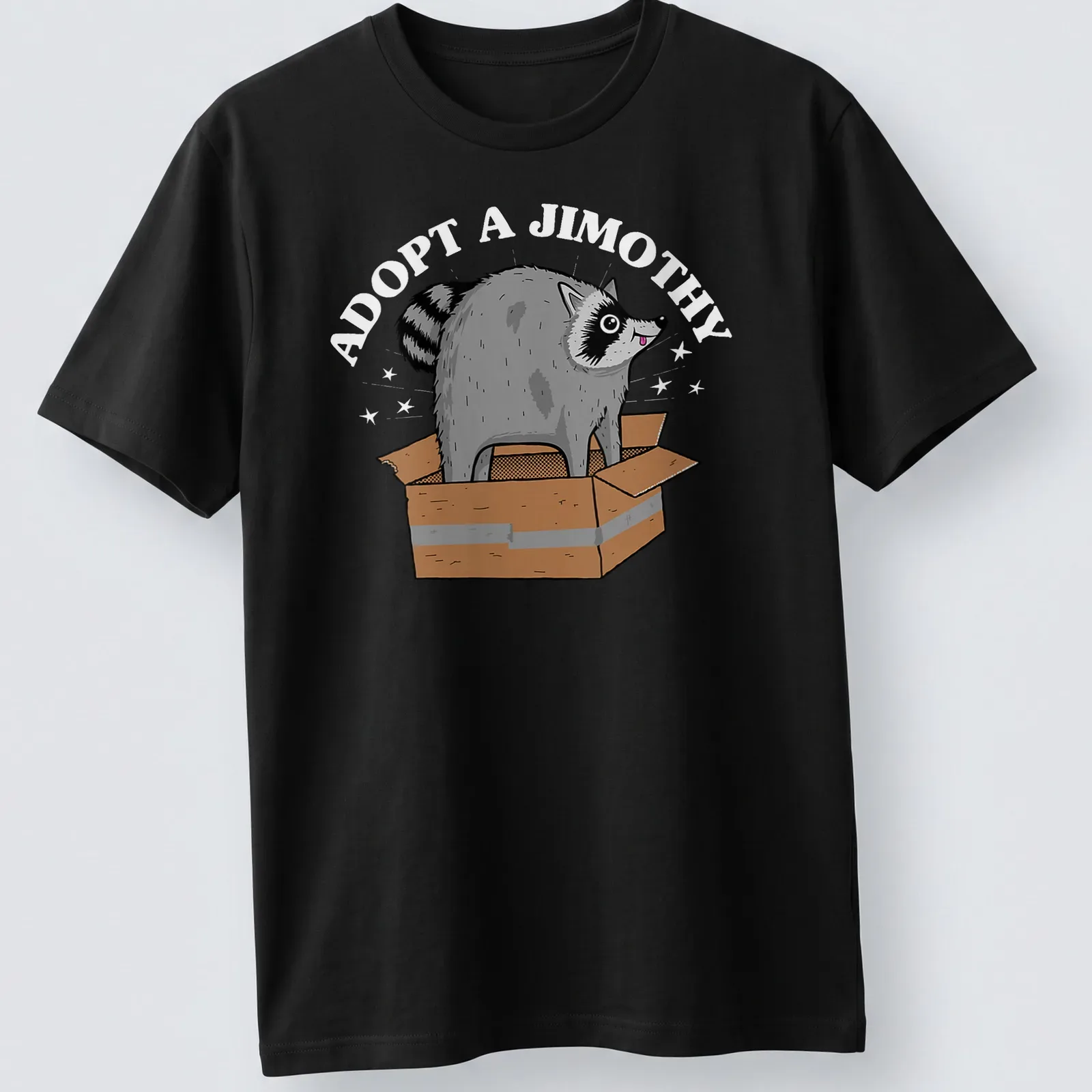 Cartoon raccoon popping out of a box with Adopt A Jimothy text — printed on a unisex t-shirt