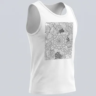 Intricate black and white floral and geometric patterns in line art style — printed on a tank top