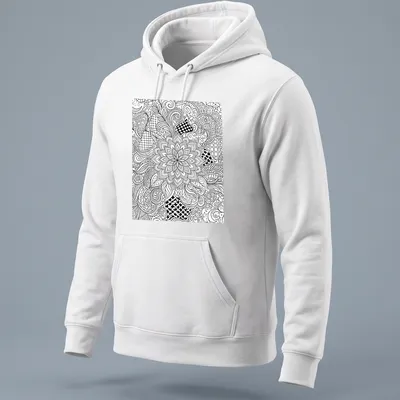 Intricate black and white floral and geometric patterns in line art style — printed on a unisex hoodie