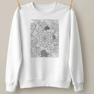 Intricate black and white floral and geometric patterns in line art style — printed on a unisex sweatshirt