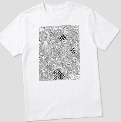 Intricate black and white floral and geometric patterns in line art style