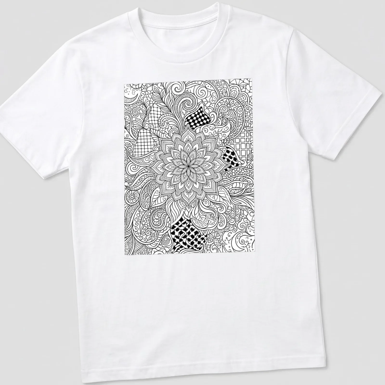 Intricate black and white floral and geometric patterns in line art style — printed on a unisex t-shirt