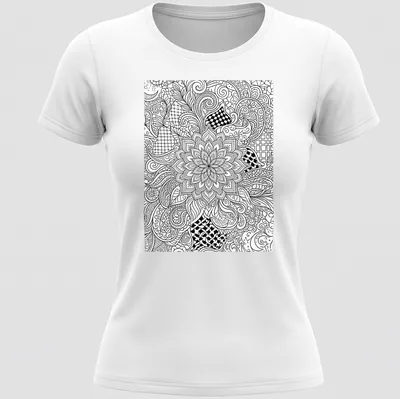 Intricate black and white floral and geometric patterns in line art style — printed on a women's shirt