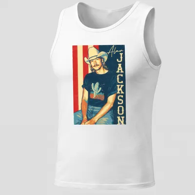 Retro fan t-shirt featuring Alan Jackson with neon cactus design — printed on a tank top