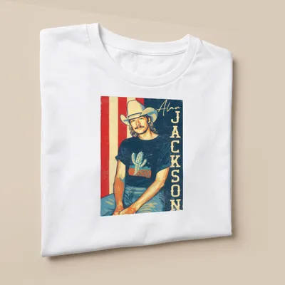 Retro fan t-shirt featuring Alan Jackson with neon cactus design — printed on a unisex t-shirt (angled view)