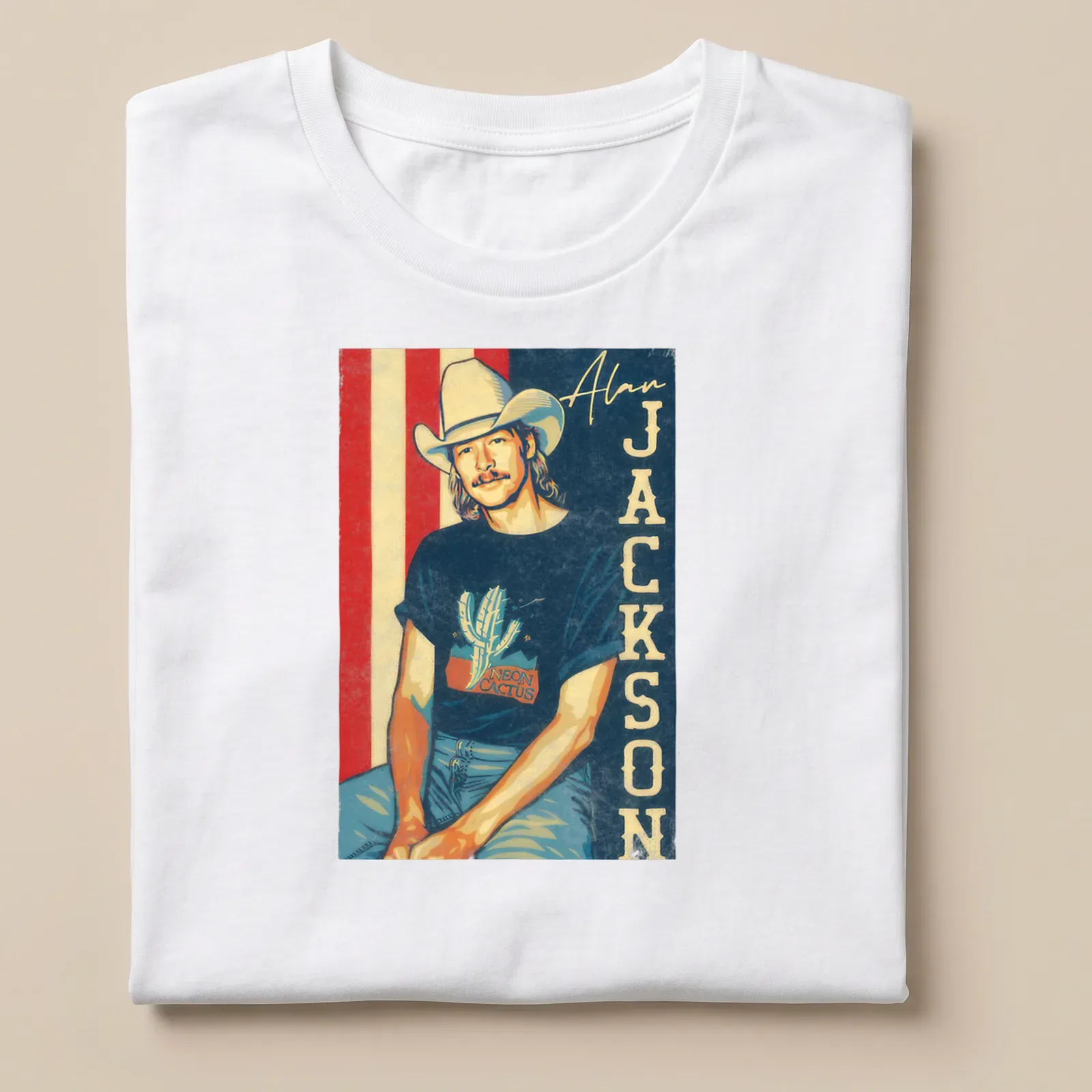 Retro fan t-shirt featuring Alan Jackson with neon cactus design — printed on a unisex t-shirt