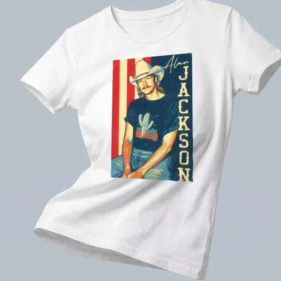 Retro fan t-shirt featuring Alan Jackson with neon cactus design — printed on a women's shirt