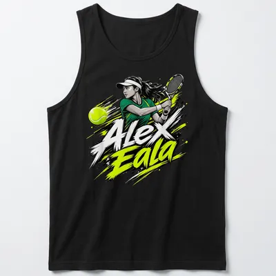 Dynamic illustration of tennis player Alex Eala in action with vibrant colors — printed on a tank top