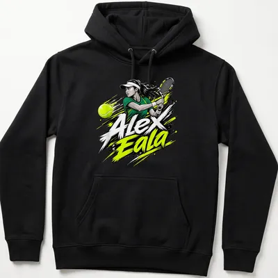 Dynamic illustration of tennis player Alex Eala in action with vibrant colors — printed on a unisex hoodie