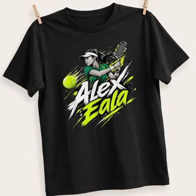 Dynamic illustration of tennis player Alex Eala in action with vibrant colors