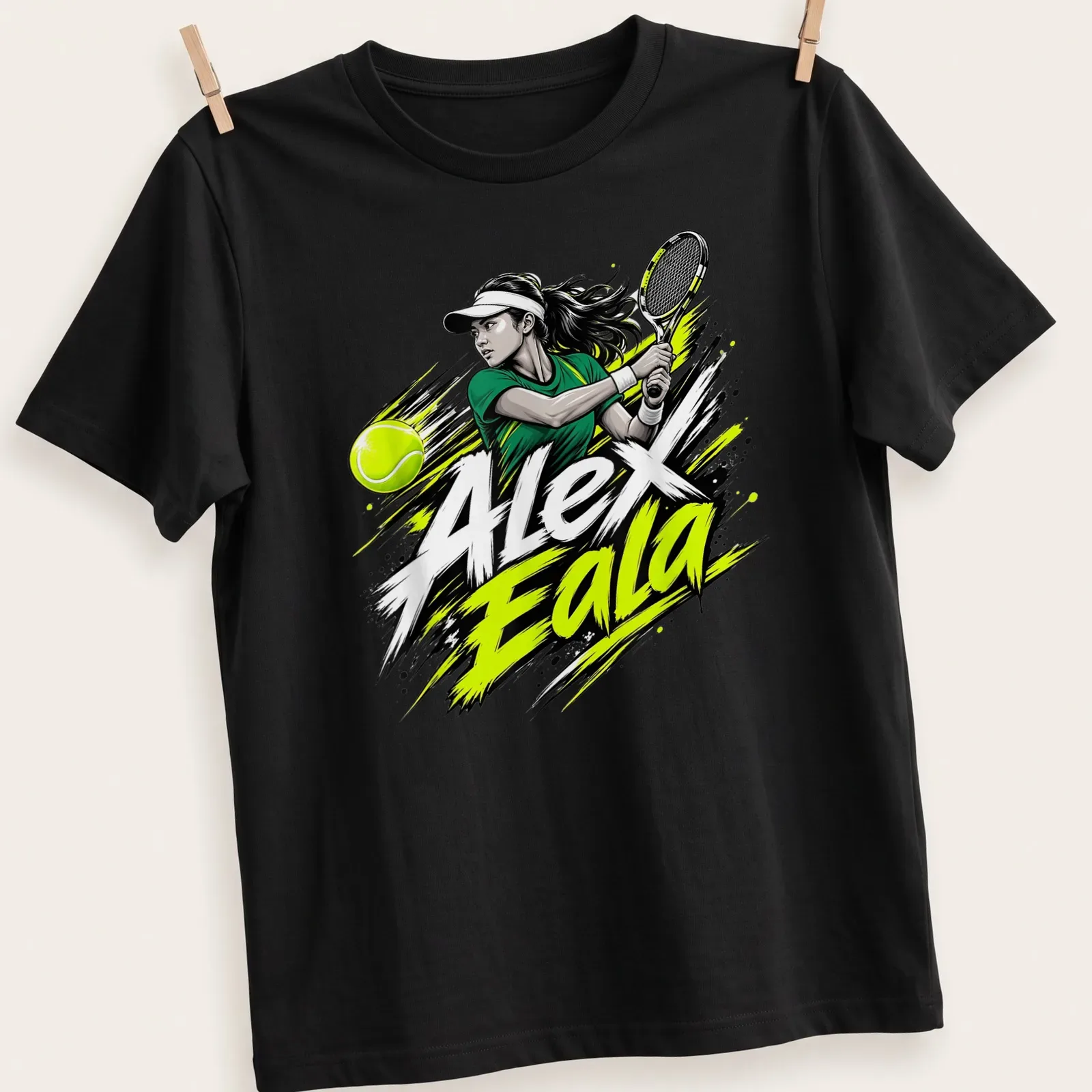 Dynamic illustration of tennis player Alex Eala in action with vibrant colors — printed on a unisex t-shirt