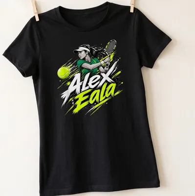 Dynamic illustration of tennis player Alex Eala in action with vibrant colors — printed on a women's shirt