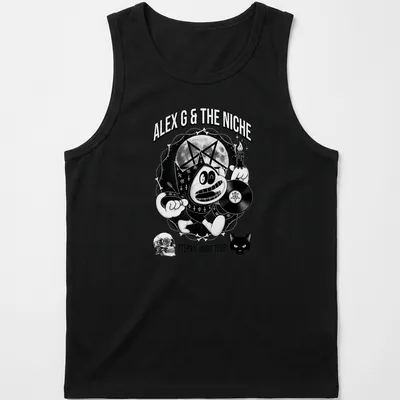 Cartoon mascot holding a vinyl record with bold text in black and white. — printed on a tank top