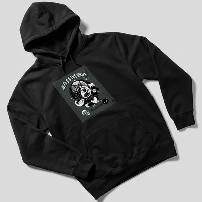 Cartoon mascot holding a vinyl record with bold text in black and white. — printed on a unisex hoodie