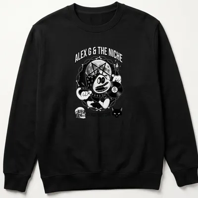 Cartoon mascot holding a vinyl record with bold text in black and white. — printed on a unisex sweatshirt