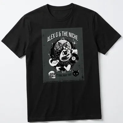 Cartoon mascot holding a vinyl record with bold text in black and white. — printed on a unisex t-shirt