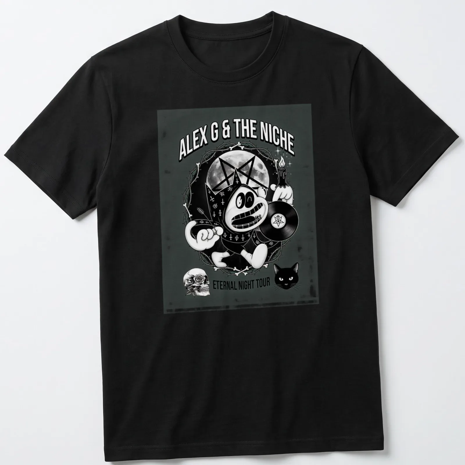 Cartoon mascot holding a vinyl record with bold text in black and white. — printed on a unisex t-shirt