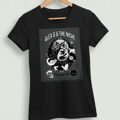 Cartoon mascot holding a vinyl record with bold text in black and white. — printed on a women's shirt