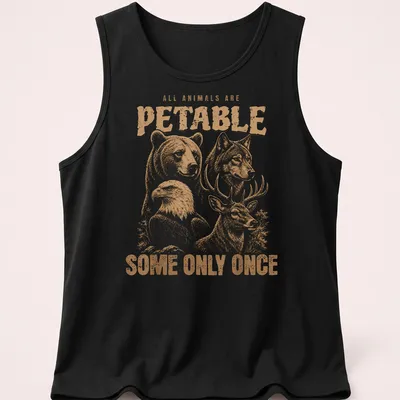 Vintage illustration of animals with humorous text about petting wildlife — printed on a tank top