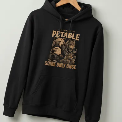 Vintage illustration of animals with humorous text about petting wildlife — printed on a unisex hoodie