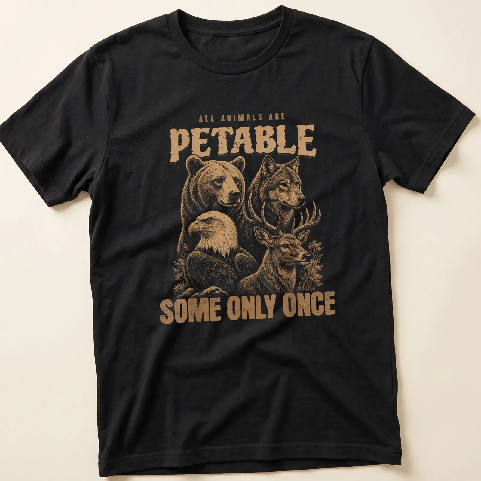 Vintage illustration of animals with humorous text about petting wildlife — printed on a unisex t-shirt