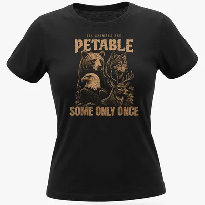 Vintage illustration of animals with humorous text about petting wildlife — printed on a women's shirt