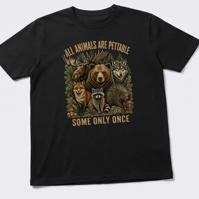 Vintage nature tee with a humorous wildlife graphic and colorful animals