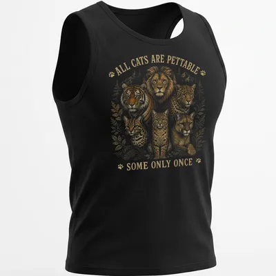 Vintage-style t-shirt with a humorous saying about pettable cats and wild cats — printed on a tank top