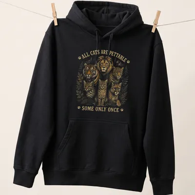 Vintage-style t-shirt with a humorous saying about pettable cats and wild cats — printed on a unisex hoodie