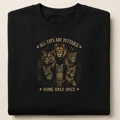 Vintage-style t-shirt with a humorous saying about pettable cats and wild cats — printed on a unisex sweatshirt