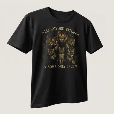 Vintage-style t-shirt with a humorous saying about pettable cats and wild cats — printed on a unisex t-shirt (angled view)