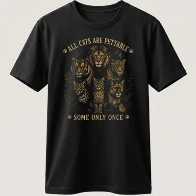 Vintage-style t-shirt with a humorous saying about pettable cats and wild cats