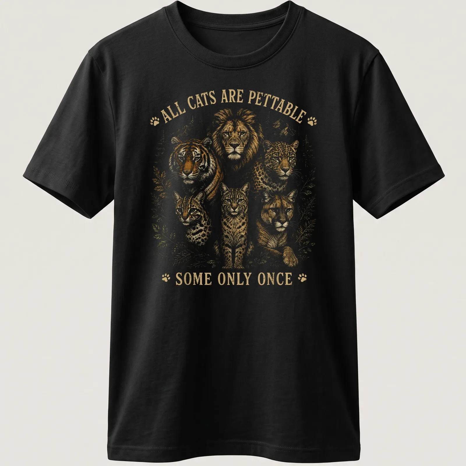 Vintage-style t-shirt with a humorous saying about pettable cats and wild cats — printed on a unisex t-shirt