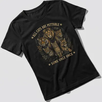 Vintage-style t-shirt with a humorous saying about pettable cats and wild cats — printed on a women's shirt