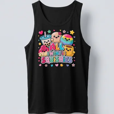 Colorful kawaii design with cute squishy characters and playful text — printed on a tank top