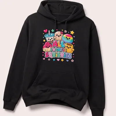 Colorful kawaii design with cute squishy characters and playful text — printed on a unisex hoodie