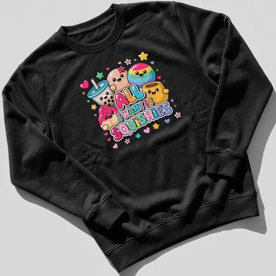 Colorful kawaii design with cute squishy characters and playful text — printed on a unisex sweatshirt