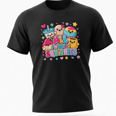 Colorful kawaii design with cute squishy characters and playful text