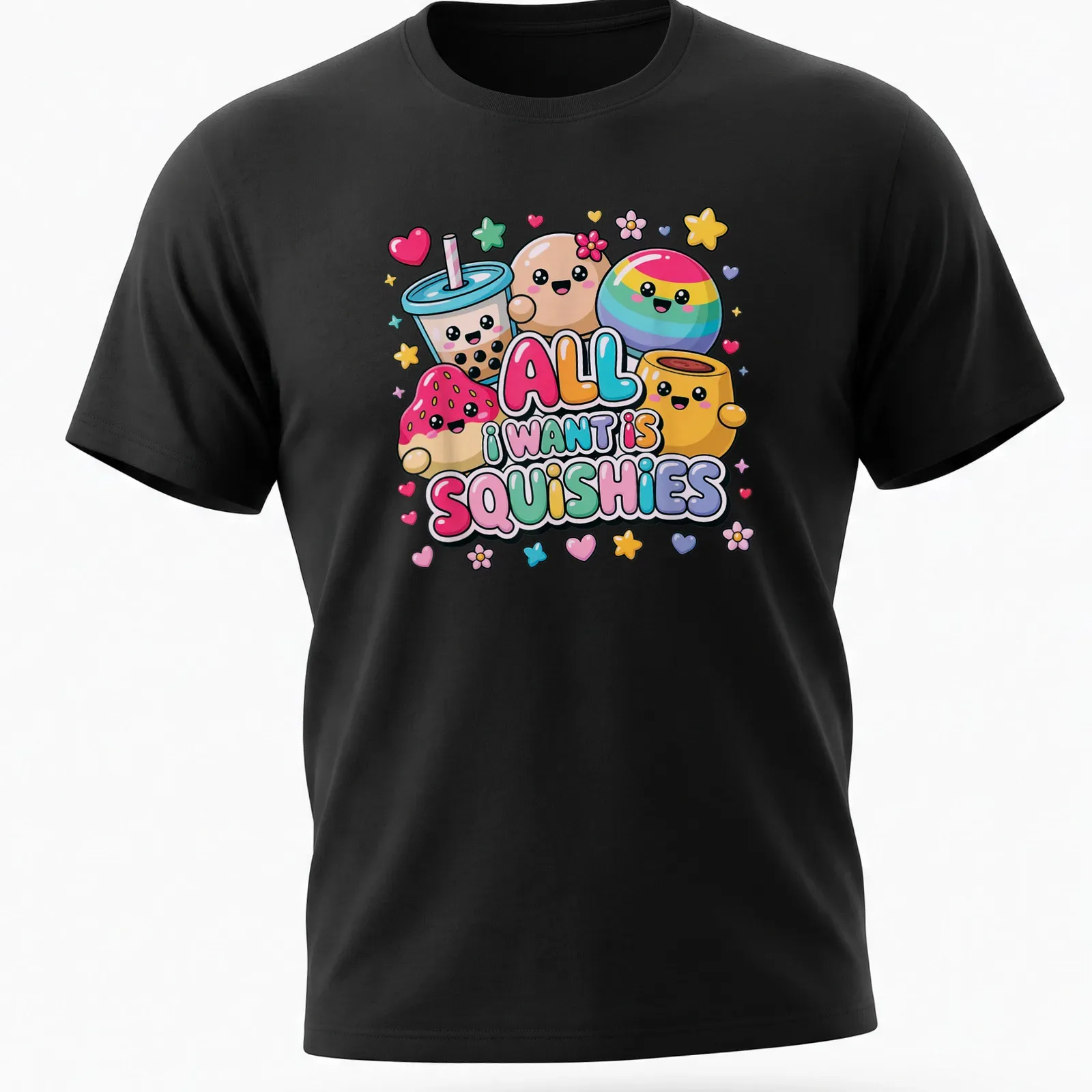 Colorful kawaii design with cute squishy characters and playful text — printed on a unisex t-shirt