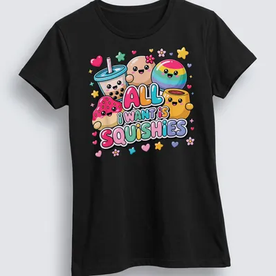 Colorful kawaii design with cute squishy characters and playful text — printed on a women's shirt