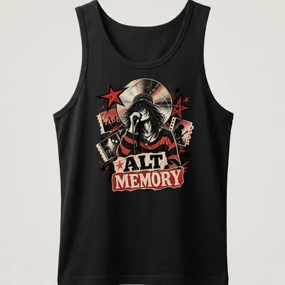 Vintage rock-inspired tee featuring ALT MEMORY and a singer with a microphone — printed on a tank top