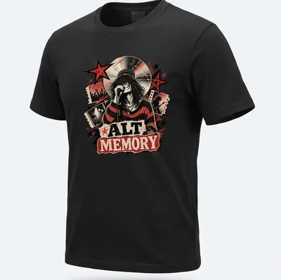 Vintage rock-inspired tee featuring ALT MEMORY and a singer with a microphone