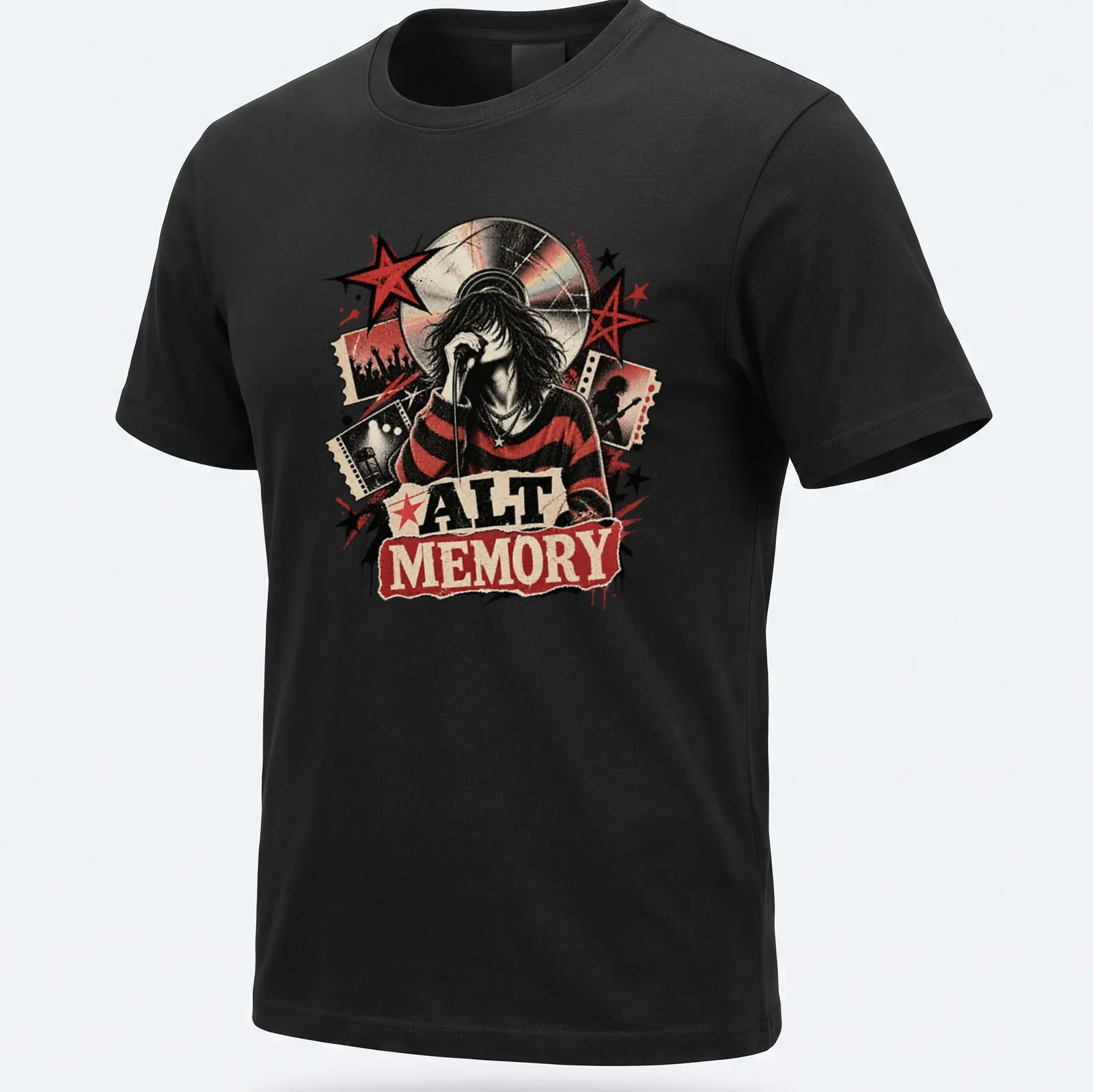 Vintage rock-inspired tee featuring ALT MEMORY and a singer with a microphone — printed on a unisex t-shirt