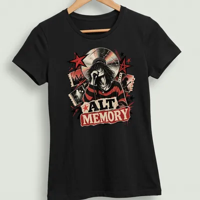 Vintage rock-inspired tee featuring ALT MEMORY and a singer with a microphone — printed on a women's shirt
