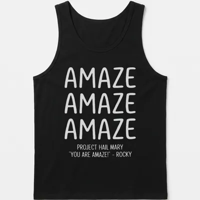 Bold typography t-shirt featuring repeated text 'AMAZE' in white — printed on a tank top