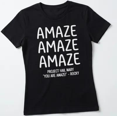 Bold typography t-shirt featuring repeated text 'AMAZE' in white — printed on a women's shirt