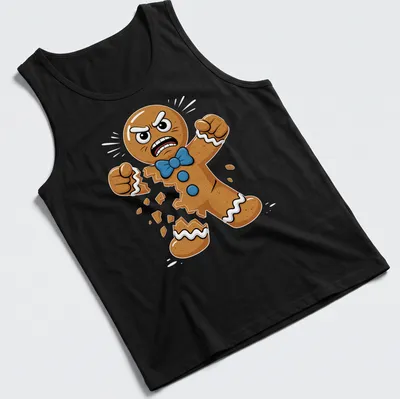 Cartoon gingerbread cookie with an angry expression breaking apart — printed on a tank top
