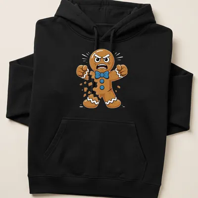 Cartoon gingerbread cookie with an angry expression breaking apart — printed on a unisex hoodie
