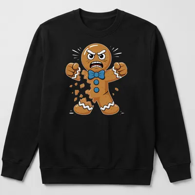 Cartoon gingerbread cookie with an angry expression breaking apart — printed on a unisex sweatshirt