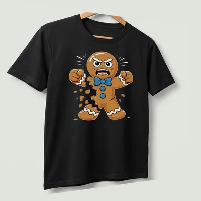 Cartoon gingerbread cookie with an angry expression breaking apart — printed on a unisex t-shirt (angled view)